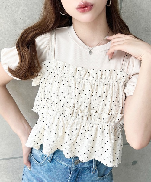 moment+（モーメントプラス）の「ドットプリントビスチェセットパフスリーブリブカットソートップス（Tシャツ/カットソー・レディース・ネイビー/イエロー/アイボリー/ブラック/杢グレー・M/L）」の6枚目の写真