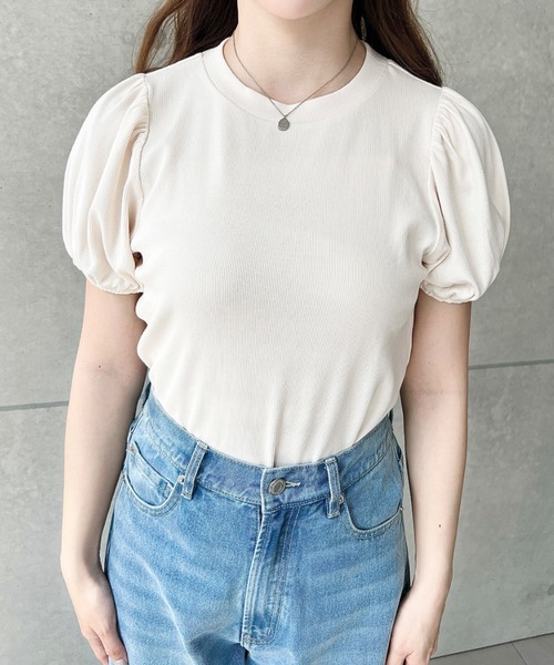 moment+（モーメントプラス）の「ドットプリントビスチェセットパフスリーブリブカットソートップス（Tシャツ/カットソー・レディース・ネイビー/イエロー/アイボリー/ブラック/杢グレー・M/L）」の15枚目の写真