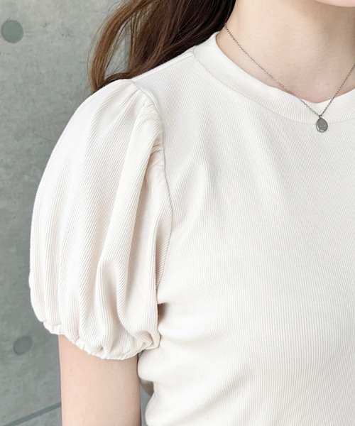 moment+（モーメントプラス）の「ドットプリントビスチェセットパフスリーブリブカットソートップス（Tシャツ/カットソー・レディース・ネイビー/イエロー/アイボリー/ブラック/杢グレー・M/L）」の17枚目の写真