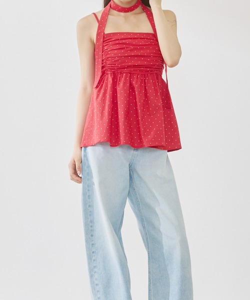 P.V.T(ピーブイティー)の「リボン付きドットギャザーキャミ(キャミソール・レディース・Navy/White/Red・F)」の7枚目の写真