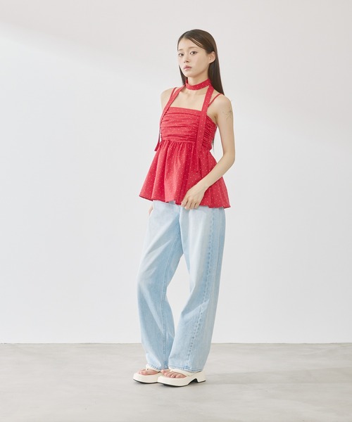 P.V.T(ピーブイティー)の「リボン付きドットギャザーキャミ(キャミソール・レディース・Navy/White/Red・F)」の8枚目の写真