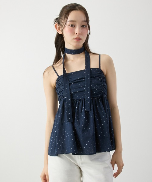 P.V.T(ピーブイティー)の「リボン付きドットギャザーキャミ(キャミソール・レディース・Navy/White/Red・F)」の15枚目の写真