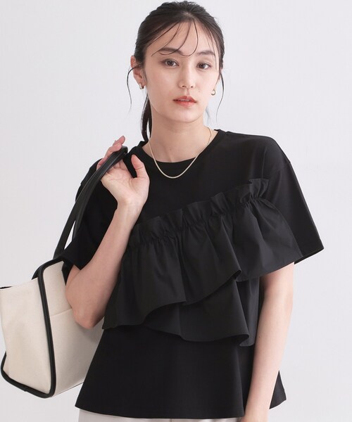 OPAQUE.CLIP(オペークドットクリップ)の「【接触冷感】アシメフリルドッキングカットソー《洗濯機OK》(Tシャツ/カットソー・レディース・ブラック/ブルー系その他/ダークグレー/ホワイト・42/40/38)」の2枚目の写真
