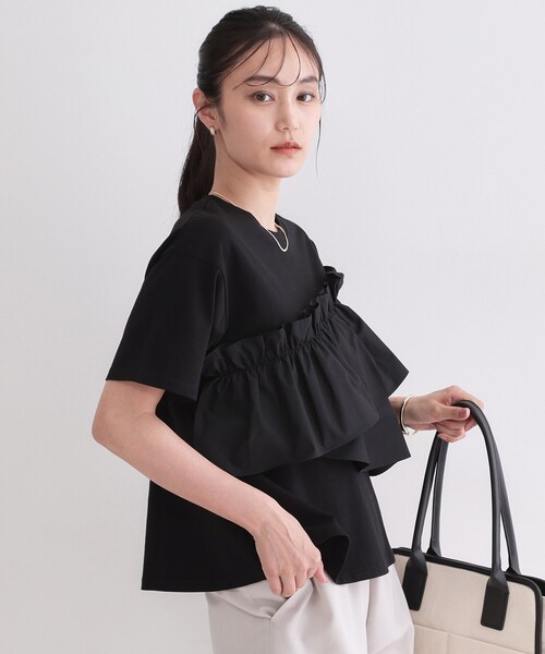 OPAQUE.CLIP(オペークドットクリップ)の「【接触冷感】アシメフリルドッキングカットソー《洗濯機OK》(Tシャツ/カットソー・レディース・ブラック/ブルー系その他/ダークグレー/ホワイト・42/40/38)」の8枚目の写真