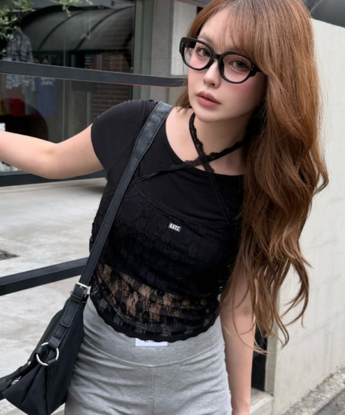 RAY CASSIN(レイカズン)の「レースキャミセットTシャツ(Tシャツ/カットソー・レディース・ブラック/グレー/ホワイト・FREE)」の1枚目の写真