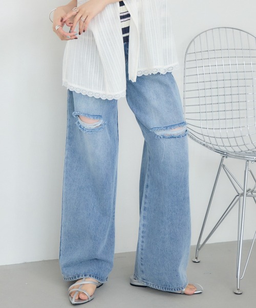 RETRO GIRL(レトロガール)の「【2サイズ】ストレートダメージデニムPT(デニムパンツ・レディース・ブラック/ライトブルー・LARGE/MEDIUM)」の3枚目の写真