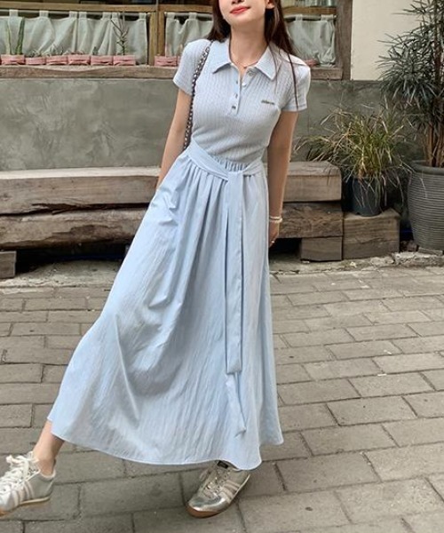 AMAJI(アマジ)の「半袖ウエスト切替 ロング丈ワンピース(ワンピース・レディース・ライトブルー・SMALL/MEDIUM/LARGE/X-LARGE)」の5枚目の写真