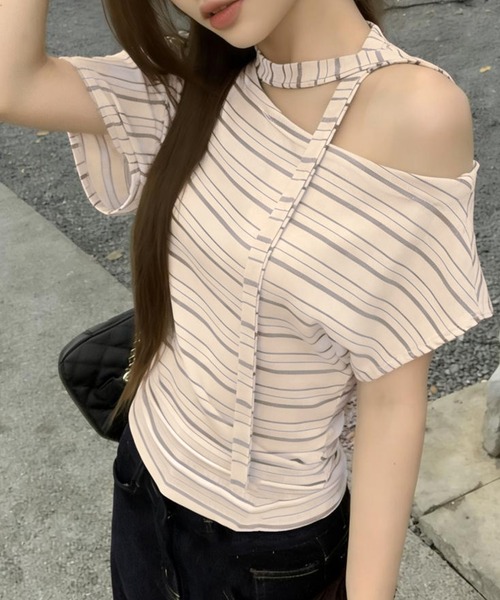 PRIVATE BEACH(プライベートビーチ)の「ボーダー柄ワンショルダーボートネック半袖トップス(Tシャツ/カットソー・レディース・ライトグレー/グレー/オートミール・FREE)」の1枚目の写真
