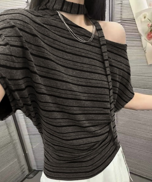 PRIVATE BEACH(プライベートビーチ)の「ボーダー柄ワンショルダーボートネック半袖トップス(Tシャツ/カットソー・レディース・ライトグレー/グレー/オートミール・FREE)」の3枚目の写真