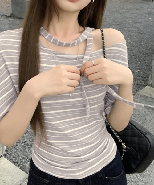 PRIVATE BEACH(プライベートビーチ)の「ボーダー柄ワンショルダーボートネック半袖トップス(Tシャツ/カットソー・レディース・ライトグレー/グレー/オートミール・FREE)」の2枚目の写真