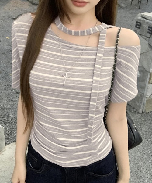 PRIVATE BEACH(プライベートビーチ)の「ボーダー柄ワンショルダーボートネック半袖トップス(Tシャツ/カットソー・レディース・ライトグレー/グレー/オートミール・FREE)」の8枚目の写真