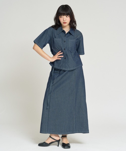 RU.TI.LE(ルチル)の「【RU.TI.LE】ダンガリー半そでシャツ+スカートセット(セットアップ・レディース・ネイビー/ライトブルー・MEDIUM)」の10枚目の写真