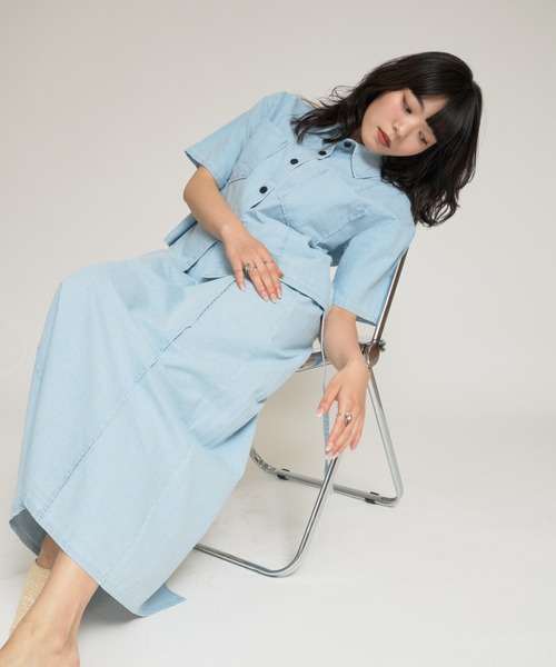 RU.TI.LE(ルチル)の「【RU.TI.LE】ダンガリー半そでシャツ+スカートセット(セットアップ・レディース・ネイビー/ライトブルー・MEDIUM)」の8枚目の写真