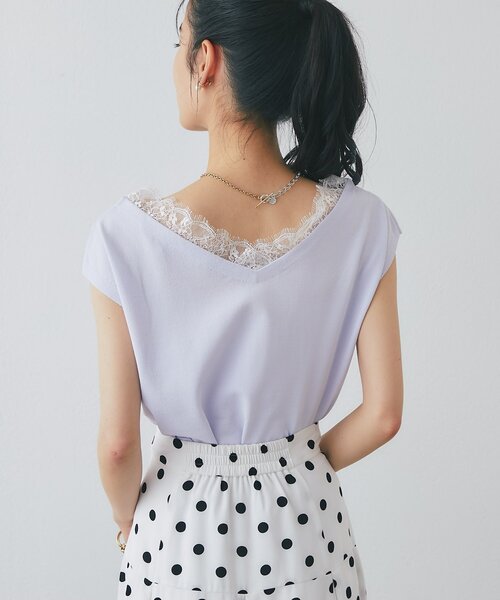 La boutique BonBon(ラブティックボンボン)の「【シリーズ累計お気に入り数1.5万突破!接触冷感・UVカット】クールタッチUVレース付きVネックニット(ニット/セーター・レディース・ブラック/バイオレット/ホワイト・FREE)」の6枚目の写真