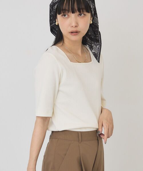 AMERICAN HOLIC(アメリカンホリック)の「【接触冷感・UVカット】スクエアネック5分袖プルオーバー(Tシャツ/カットソー・レディース・チャコールグレー/オフホワイト/モカ/ホワイト系その他・M/L)」の1枚目の写真