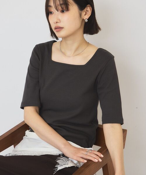 AMERICAN HOLIC(アメリカンホリック)の「【接触冷感・UVカット】スクエアネック5分袖プルオーバー(Tシャツ/カットソー・レディース・チャコールグレー/オフホワイト/モカ/ホワイト系その他・M/L)」の3枚目の写真