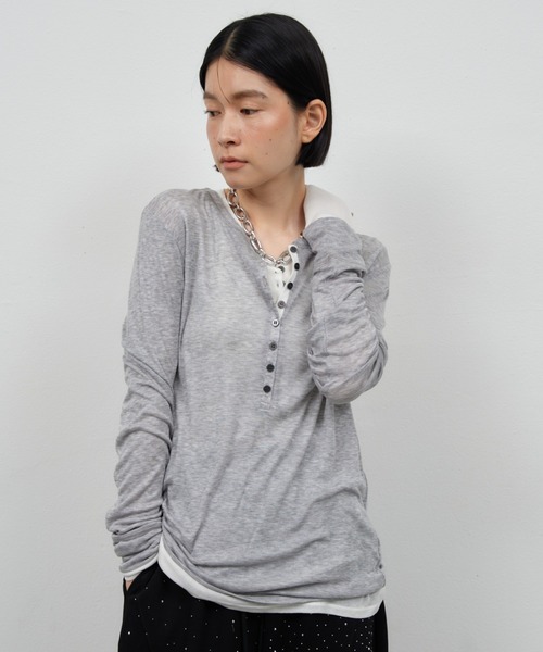 Shelly island(シェリーアイランド)の「シアーヘンリーネックトップス(Tシャツ/カットソー・レディース・ホワイト/ブラック/ブラウン/グレー・FREE)」の15枚目の写真