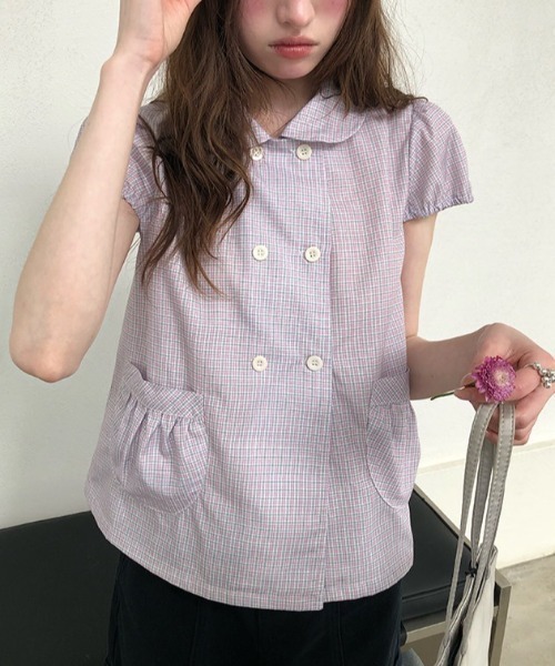Lis ardent(リスアルダン)の「チェック柄ダブルボタンペプラムブラウス/パフスリーブ半袖トップス(シャツ/ブラウス・レディース・ネイビー/アイボリー/ピンク/ブラック/レッド・M)」の4枚目の写真