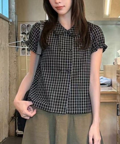 Lis ardent(リスアルダン)の「チェック柄ダブルボタンペプラムブラウス/パフスリーブ半袖トップス(シャツ/ブラウス・レディース・ネイビー/アイボリー/ピンク/ブラック/レッド・M)」の3枚目の写真