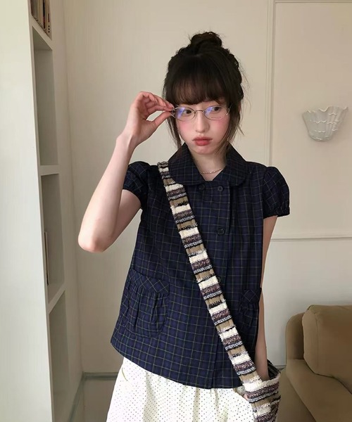 Lis ardent(リスアルダン)の「チェック柄ダブルボタンペプラムブラウス/パフスリーブ半袖トップス(シャツ/ブラウス・レディース・ネイビー/アイボリー/ピンク/ブラック/レッド・M)」の9枚目の写真