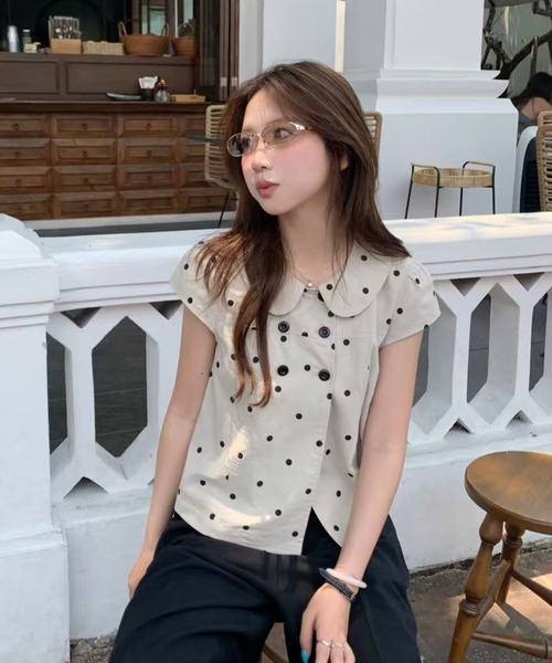 Lis ardent(リスアルダン)の「チェック柄ダブルボタンペプラムブラウス/パフスリーブ半袖トップス(シャツ/ブラウス・レディース・ネイビー/アイボリー/ピンク/ブラック/レッド・M)」の20枚目の写真