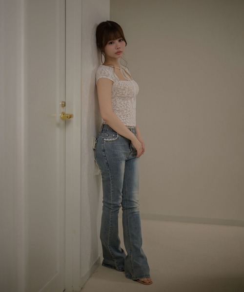 M DOLLY（エムドリー）の「Flower lace evelyn ribbon tops / フラワーレースエヴリンリボントップス（その他トップス・レディース・ベージュ/アイボリー・FREE）」の5枚目の写真