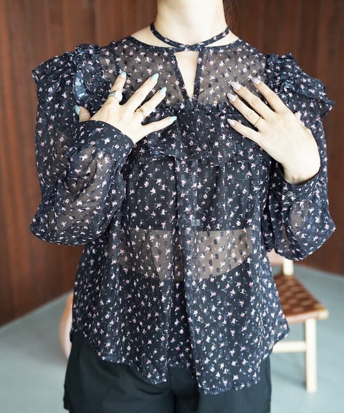 SANSeLF(サンセルフ)の「【SANSeLF】シアーフリルフラワーブラウス saw26s098(シャツ/ブラウス・レディース・ブラック/ホワイト・FREE)」の6枚目の写真