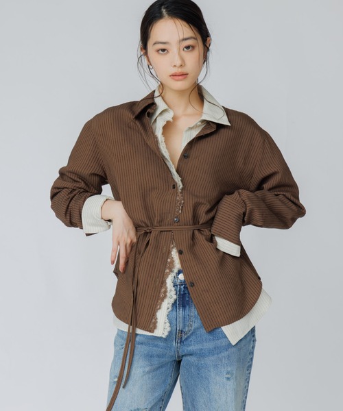 SENEE(セニー)の「lace line stripe shirt(レースラインストライプシャツ)(シャツ/ブラウス・レディース・ベージュ系その他/ブラウン系その他・FREE)」の2枚目の写真
