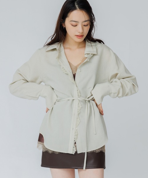 SENEE(セニー)の「lace line stripe shirt(レースラインストライプシャツ)(シャツ/ブラウス・レディース・ベージュ系その他/ブラウン系その他・FREE)」の1枚目の写真