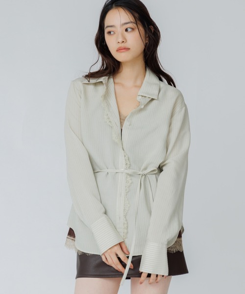SENEE(セニー)の「lace line stripe shirt(レースラインストライプシャツ)(シャツ/ブラウス・レディース・ベージュ系その他/ブラウン系その他・FREE)」の3枚目の写真