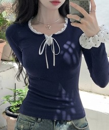 フリルレイヤード風リボンレースロンT