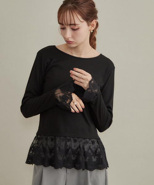 couture brooch(クチュールブローチ)の「【重ね着で楽しめる・洗濯機可】レース レイヤードトップス(Tシャツ/カットソー・レディース・ブラック/アイボリー・36/38/40/42)」の11枚目の写真