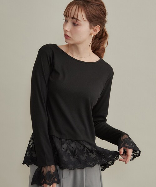 couture brooch(クチュールブローチ)の「【重ね着で楽しめる・洗濯機可】レース レイヤードトップス(Tシャツ/カットソー・レディース・ブラック/アイボリー・36/38/40/42)」の1枚目の写真