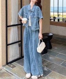 デニム襟付きトップスワイドパンツセットアップ