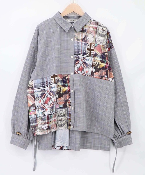 iS ScoLar(イズスカラー)の「563208:チェック×コラージュ柄 ドロスト付きシャツ(シャツ/ブラウス・レディース・ブラック/ブラウン・M)」の14枚目の写真