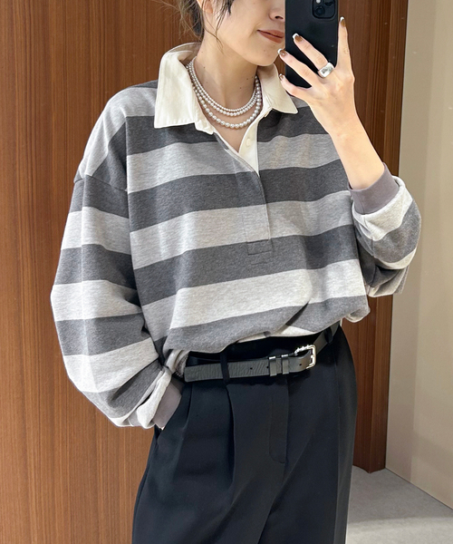 Spick & Span(スピックアンドスパン)の「《別注》HARDIN KNITWEAR ラガーシャツ*(ポロシャツ・レディース・ベージュ/グレー・FREE)」の1枚目の写真