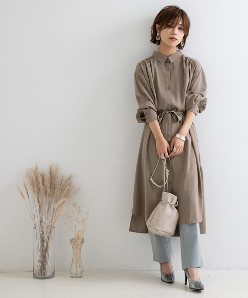 Newlyme（ニューリーミー）の「ロングシャツワンピース【R】（ワンピース・レディース・ピンク/グリーン/モカ・M-L）」の4枚目の写真