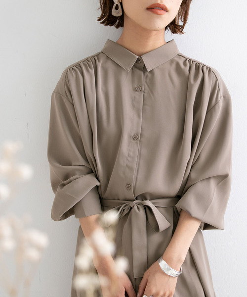 Newlyme（ニューリーミー）の「ロングシャツワンピース【R】（ワンピース・レディース・ピンク/グリーン/モカ・M-L）」の5枚目の写真