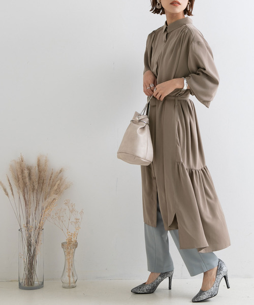 Newlyme（ニューリーミー）の「ロングシャツワンピース【R】（ワンピース・レディース・ピンク/グリーン/モカ・M-L）」の8枚目の写真