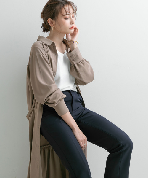 Newlyme（ニューリーミー）の「ロングシャツワンピース【R】（ワンピース・レディース・ピンク/グリーン/モカ・M-L）」の13枚目の写真