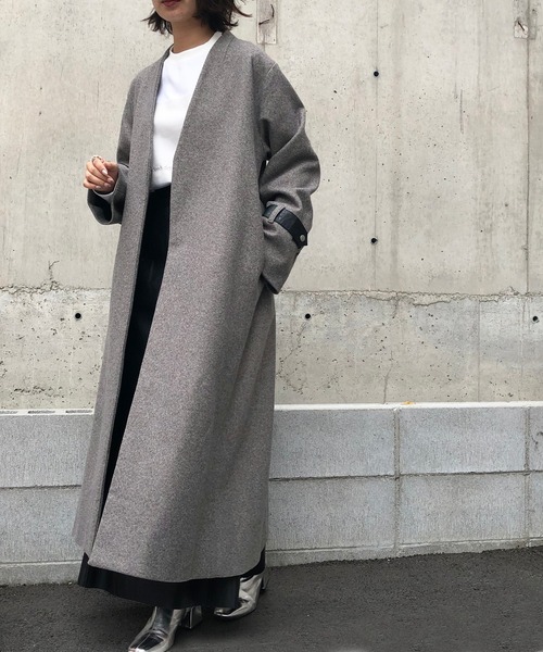 &g'aime（アンジェム）の「【&g'aime】ヘリンボーンノーカラーロングコート（チェスターコート・レディース・ブラック/ブラウン・FREE）」の4枚目の写真