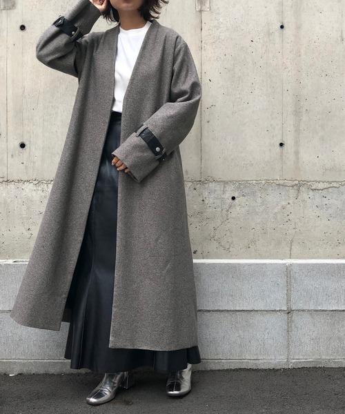 &g'aime（アンジェム）の「【&g'aime】ヘリンボーンノーカラーロングコート（チェスターコート・レディース・ブラック/ブラウン・FREE）」の3枚目の写真