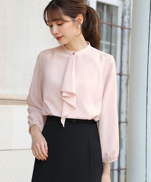 セール】フロントラッフル七分袖ブラウス オフィス ビジネス