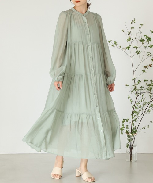 one after another NICE CLAUP（ワンアフターアナザーナイスクラップ）の「【ZOZO限定】バンドカラ―シアーティアードロングワンピース（シャツワンピース・レディース・ブラック/ベージュ/オフホワイト/ピンク/オレンジ/ミント・FREE）」の5枚目の写真