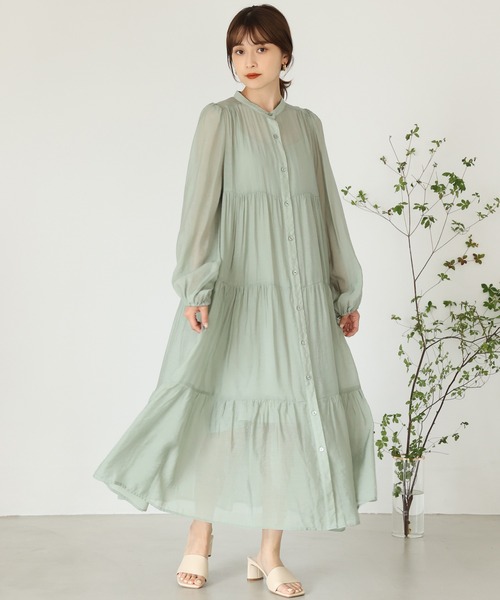 one after another NICE CLAUP（ワンアフターアナザーナイスクラップ）の「【ZOZO限定】バンドカラ―シアーティアードロングワンピース（シャツワンピース・レディース・ブラック/ベージュ/オフホワイト/ピンク/オレンジ/ミント・FREE）」の15枚目の写真