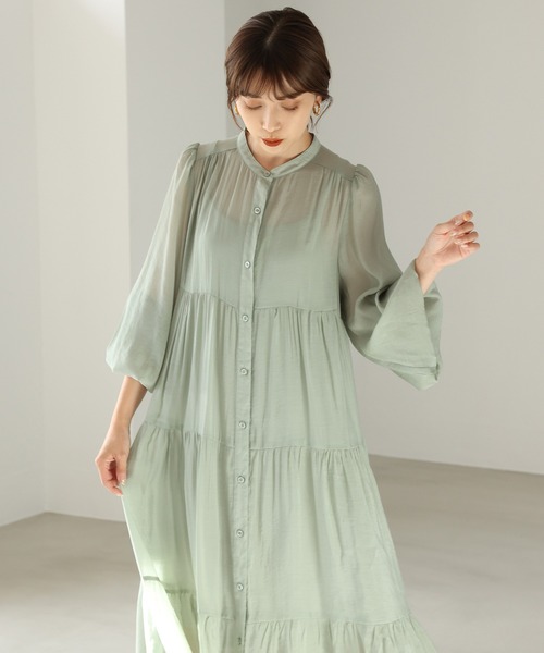 one after another NICE CLAUP（ワンアフターアナザーナイスクラップ）の「【ZOZO限定】バンドカラ―シアーティアードロングワンピース（シャツワンピース・レディース・ブラック/ベージュ/オフホワイト/ピンク/オレンジ/ミント・FREE）」の10枚目の写真
