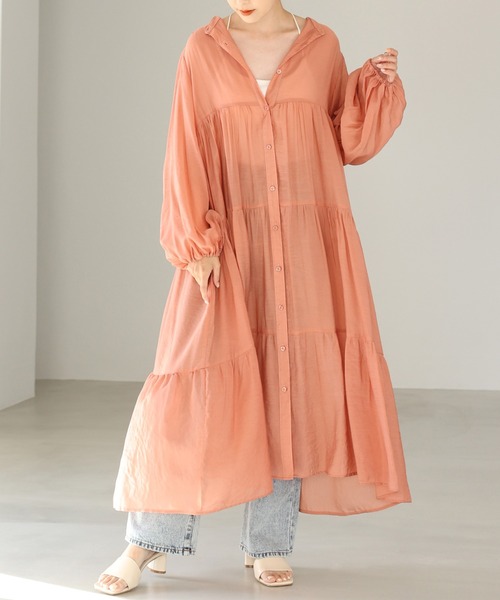 one after another NICE CLAUP（ワンアフターアナザーナイスクラップ）の「【ZOZO限定】バンドカラ―シアーティアードロングワンピース（シャツワンピース・レディース・ブラック/ベージュ/オフホワイト/ピンク/オレンジ/ミント・FREE）」の11枚目の写真