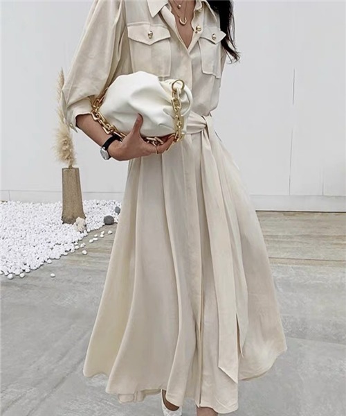 セール ゴールドボタン ウエストタックベルト付前開きロングワンピース ワンピース Dream Garden ドリームガーデン のファッション通販 Zozotown