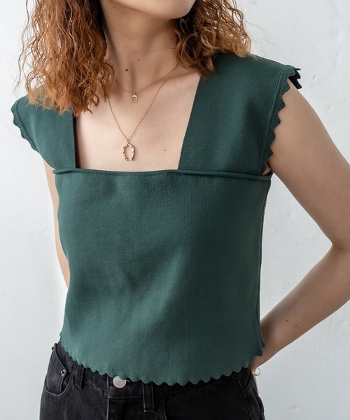 mystic（ミスティック）の「パット付スカラップニットタンクトップ（タンクトップ・レディース・ブラック/ピンク/グリーン/アイボリー・FREE）」の3枚目の写真