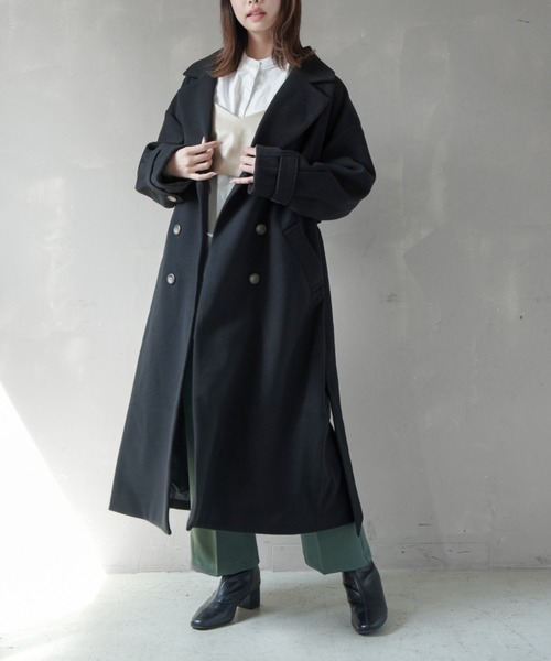 SPINNS(スピンズ)の「オーバーサイズフェイクウールトレンチコート(トレンチコート・レディース・ブラック/ベージュ/オレンジ/モカ・ONESIZE)」の2枚目の写真